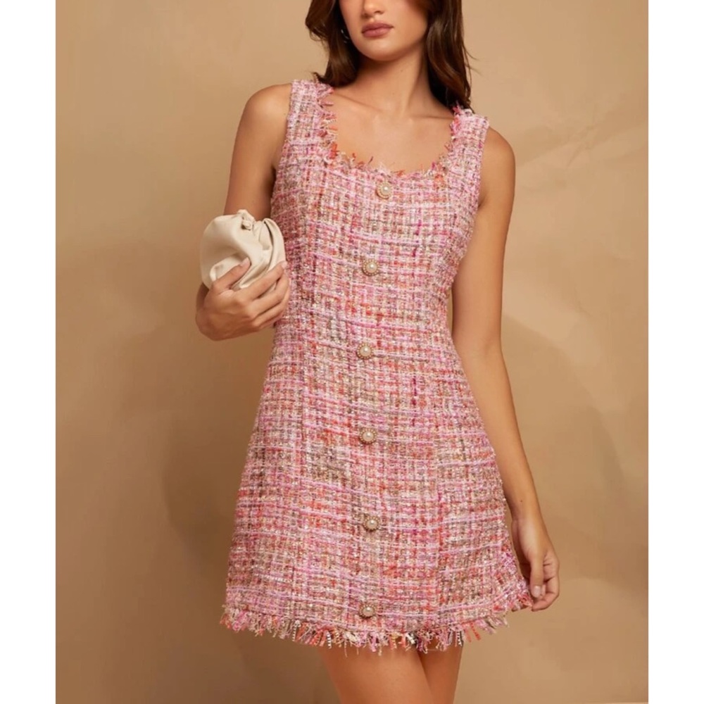 Beatrice Unity Button Raw Hem Tweed Dress